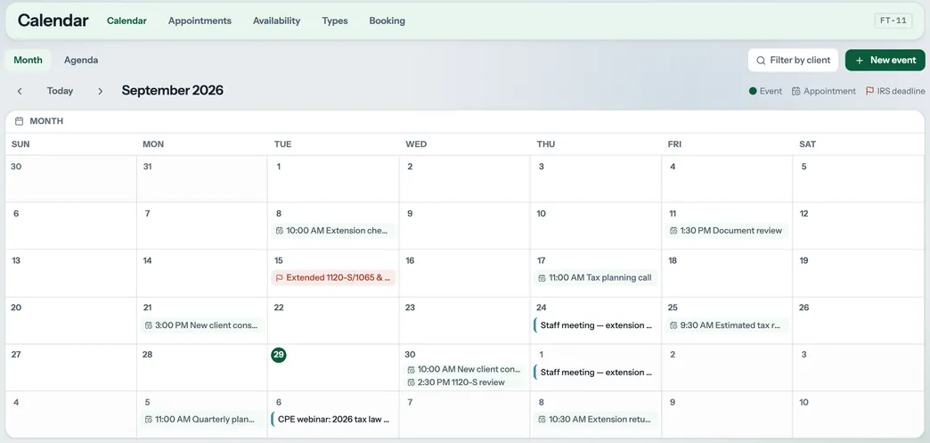 The calendar with appointments and an IRS deadline