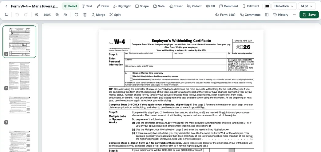 The PDF editor open on a client's W-4