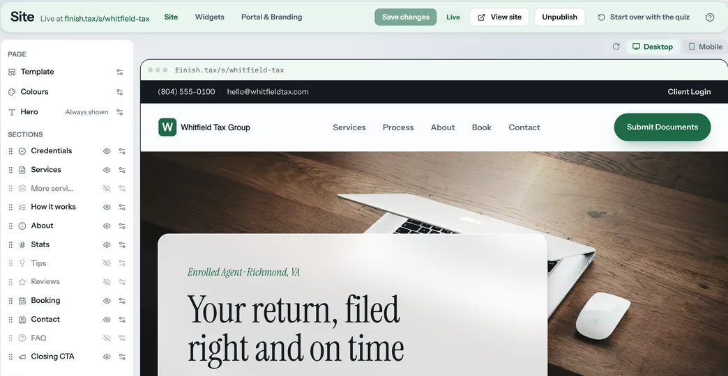 The firm's website builder with a live preview